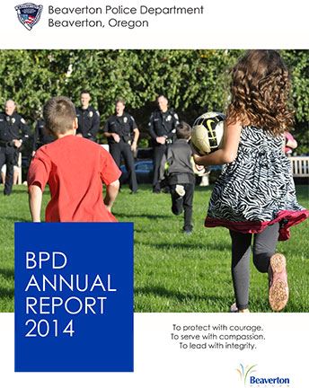 Cover of 2014 BPD Annual Report with children carrying a ball while running toward police officers l Opens in new window