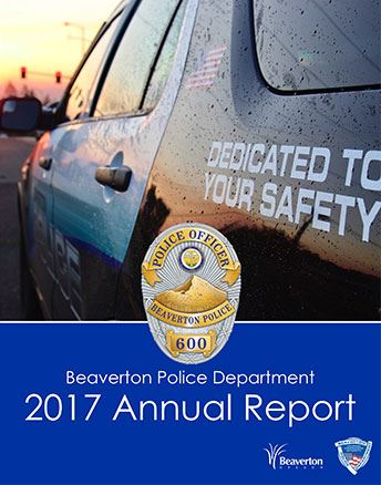 Cover of 2017 BPD Annual Report with police SUV against a setting sun as link to report. Opens in new window